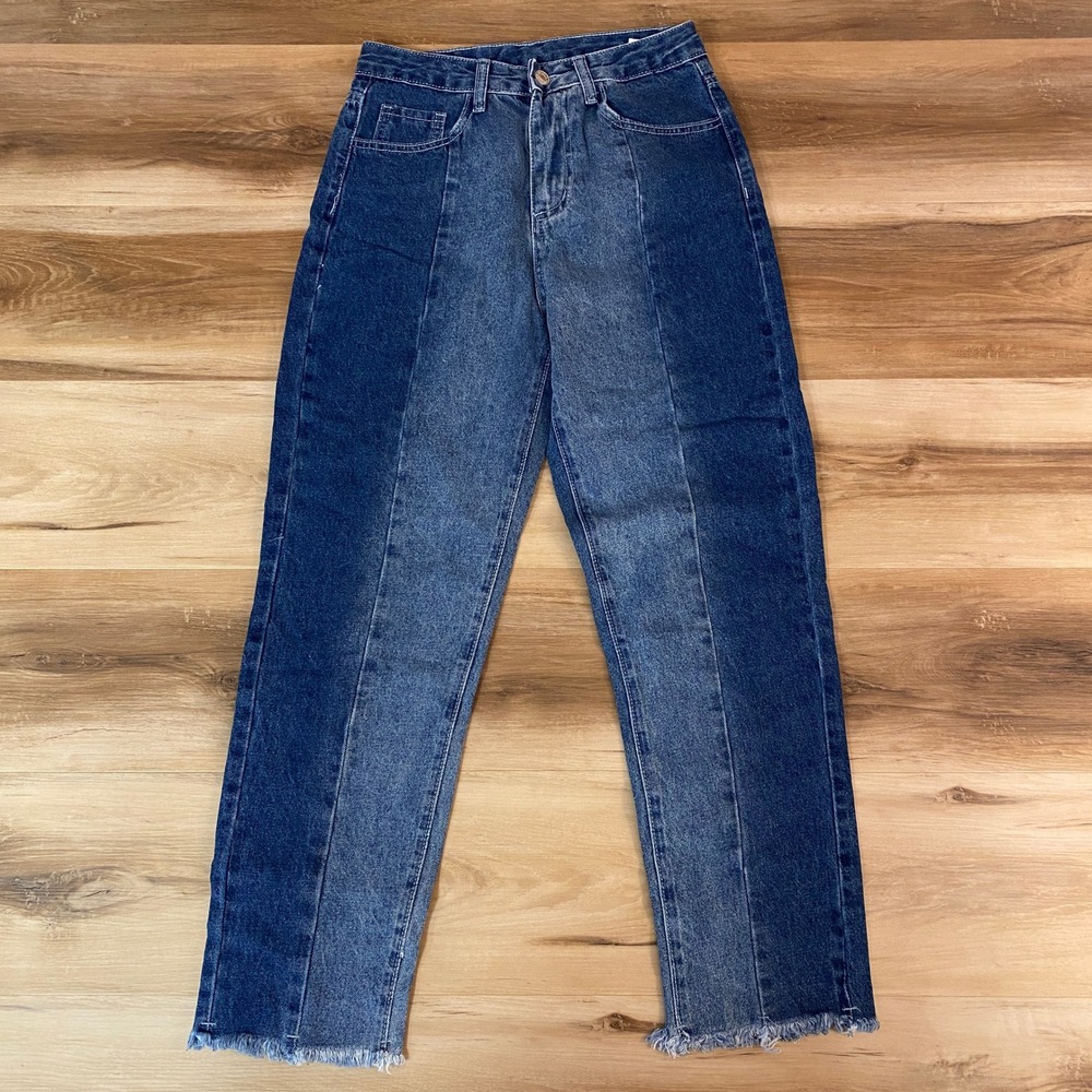 Shein Two Tone Denim‎ Jeans High Waist Straight Leg Frayed Hem XS